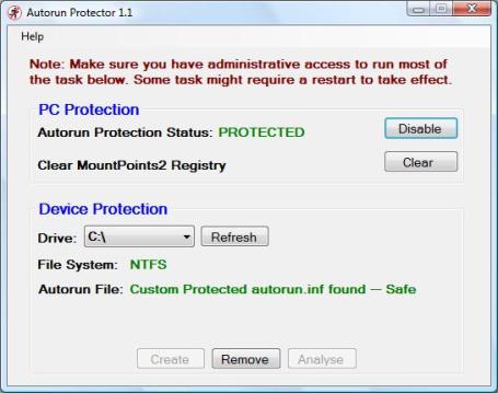 Autorun Protector 1.1 Main Screen